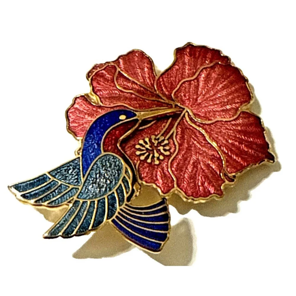Vintage FISH AND CROWN Hummingbird Brooch Enamel Floral Gold Tone 80s Pin 2.25